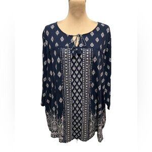 Catherines Plus Size 3X 26-28W Navy Blue Top with White Print & Neck Tassel Ties